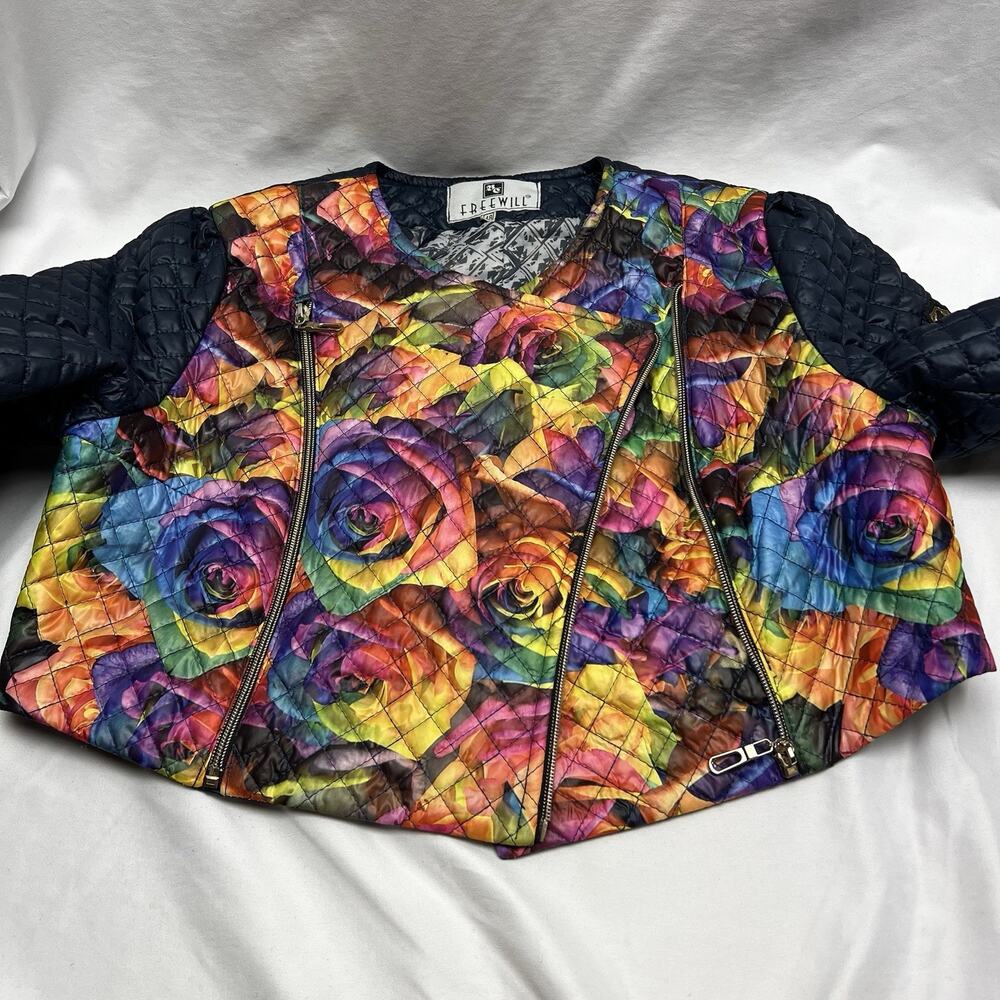 BC Freewill Cropped Micro Puffer Jacket & Vest Size Small Navy Bright Floral - Picture 10 of 12